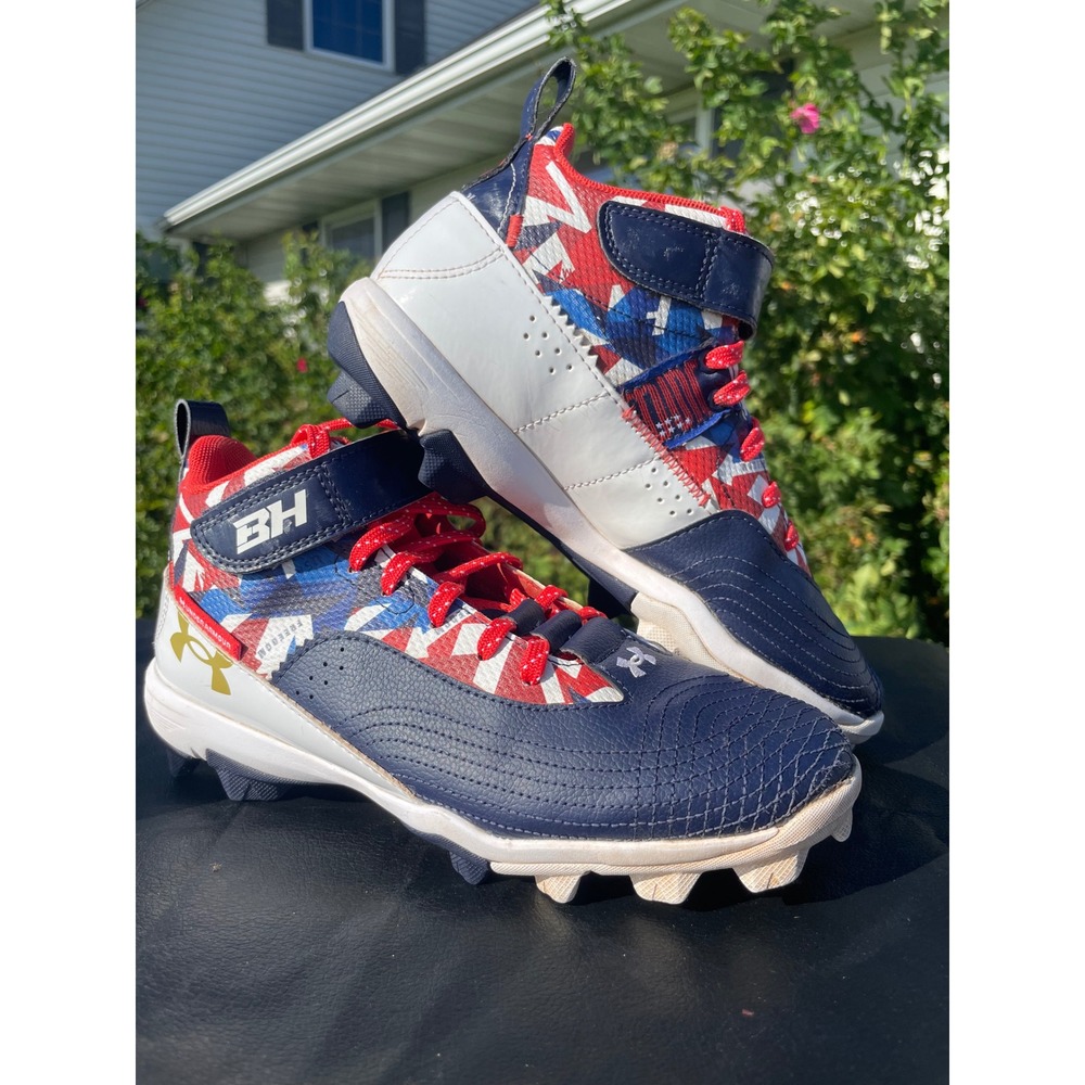 Under Armour Harper 7 Baseball Cleats Boys Red White Blue Mid Top